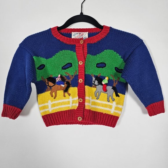Vintage Cotton Salsa Equestrian Handmade In Peru 3D Youth Kids Button Sweater